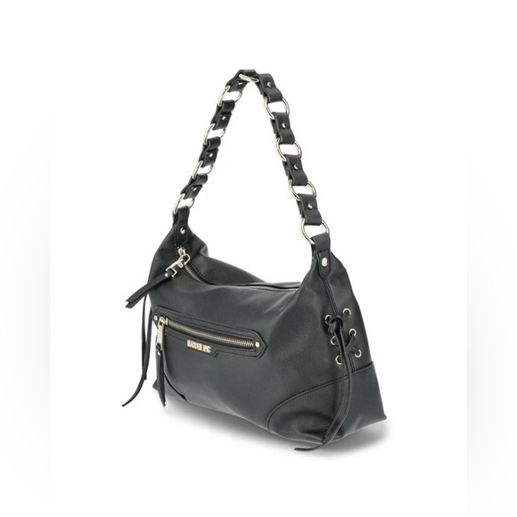NYC Handbags - NYC Bag,NYC Shoulder Bag,NYC Black Leather Shoulder Bag with Chain Detail